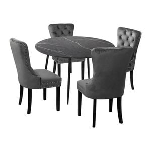 Oikiture 5PCS Dining sets 110cm Round Dining Table with Dining Chairs Velvet Grey