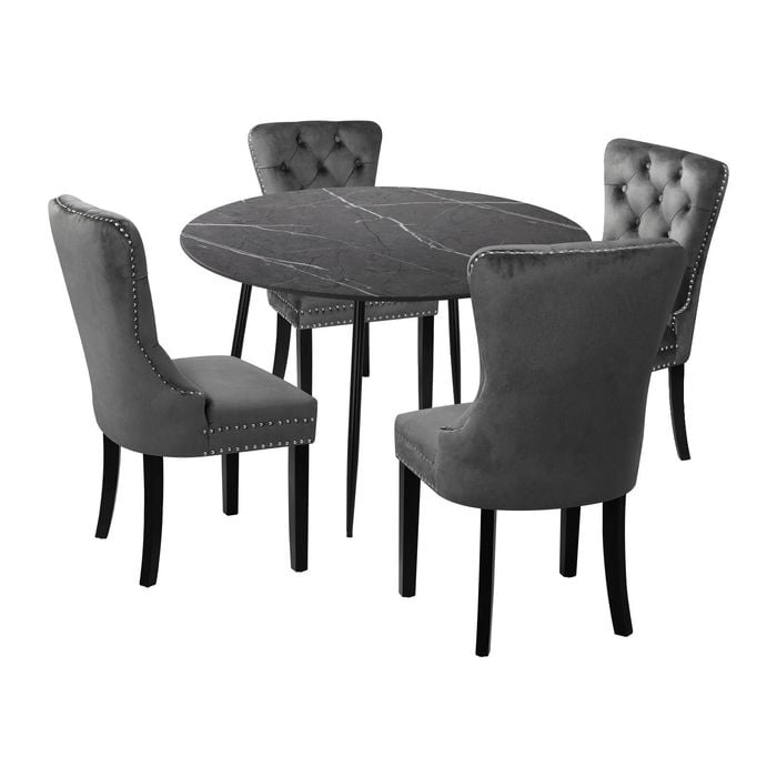 Oikiture 5PCS Dining sets 110cm Round Dining Table with Dining Chairs Velvet Grey