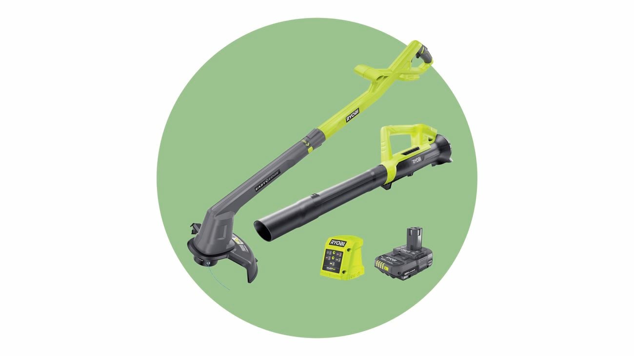 A close-up product shot on a green background of Ryobi power garden tools used for spring cleaning