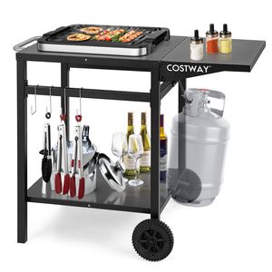 Costway 2-Tier Dining Cart Mobile Food Prep Trolley w/Folding Tabletop Black