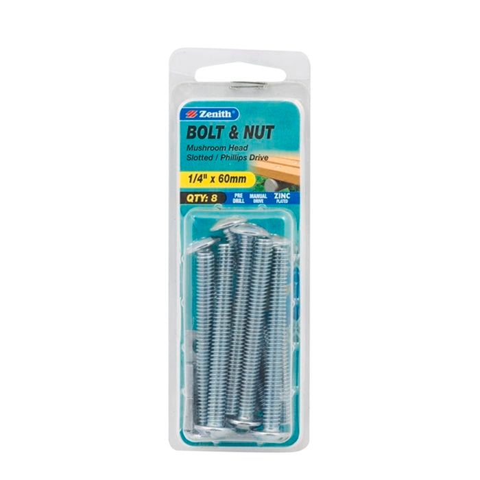 Zenith 1/4" x 60mm Zinc Plated Mushroom Head Bolt And Nut - 8 Pack