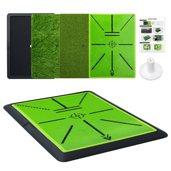 Advwin 3-in-1 Golf Practice Mat with Rough Turf, Short Turf & Sequins Swing Path Feedback Mat,  Rubber Tee