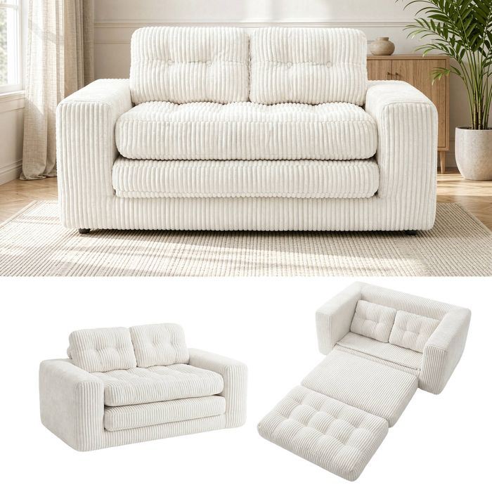 Ufurniture 142cm Convertible 2 Seater Sofa Bed w/ 2 Pillow Boneless Corduroy Loveseat Floor Sleeper Sofa Beige