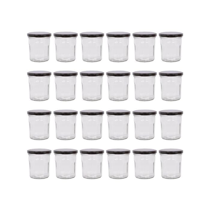Argon Tableware 250ml Glass Jam Jars With Airtight Black Lids - Set Of 24 Empty Screw Top Kitchen Storage Preserving Jar