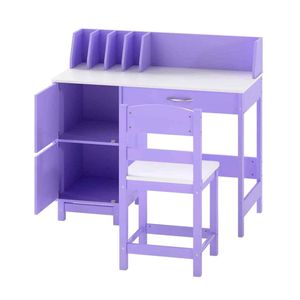 Costway Study Desk & Chair Set Writing Table Wide Desktop Deep Drawer Cabinets-Purple