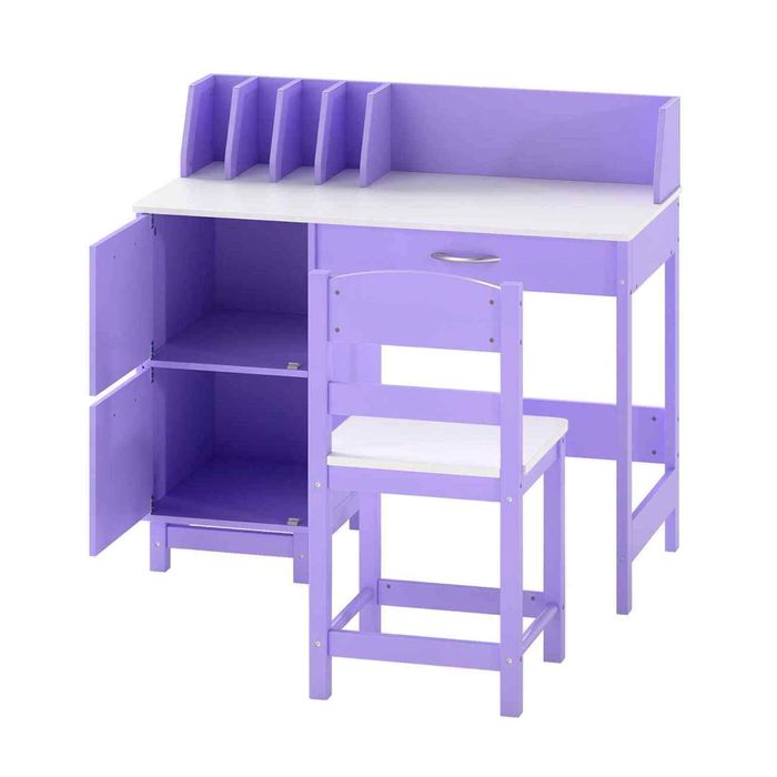 Costway Study Desk & Chair Set Writing Table Wide Desktop Deep Drawer Cabinets-Purple