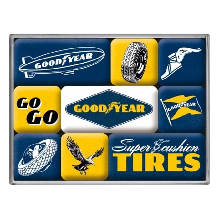 9pc Nostalgic Art Goodyear Logos 2.2/4.5cm Magnet Set Home Kitchen Fridge Decor