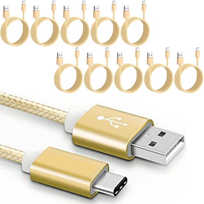 iWill 10 Pack 2m Long Data Transfer Charger Charging USB Type C Cable Cord Bulk Braided Gold Nylon