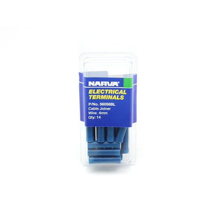 Narva 4mm Blue Flared Vinyl Fully Insulated Cable Joiner (Butt Splice) - 14 Pack