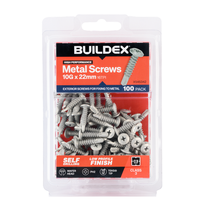 Buildex 10G x 22mm Class 3 Sheet Metal Screws - 100 Pack