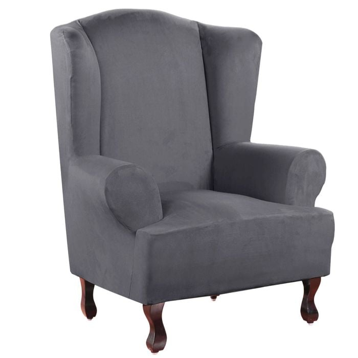 Smarcute Suede Wing Chair Cover 1 Piece Stretch Thick Sofa Slipcover Grey