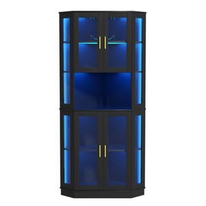 Ufurniture 5-Tier Wine Bar Cabinet with LED Lights, Glass Doors, Wine Glass Rack, Corner Storage Cabinet, Black