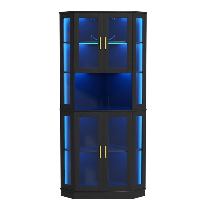 Ufurniture 5-Tier Wine Bar Cabinet with LED Lights, Glass Doors, Wine Glass Rack, Corner Storage Cabinet, Black