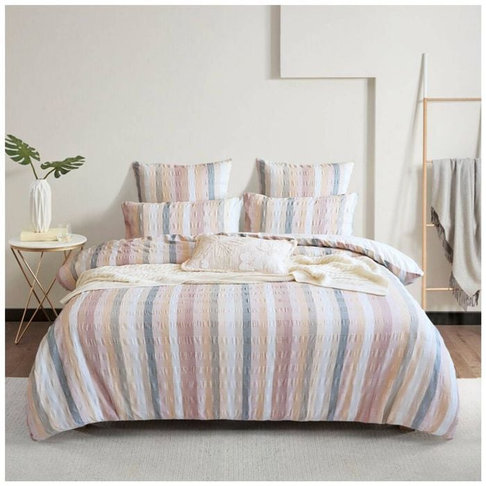 Renee Taylor Layla 100% Cotton Quilt Cover Set Seersucker Stripe King