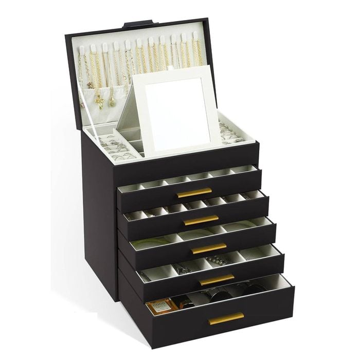 CARLA HOME  6-Layer Large Jewelry Organizer Box for Women with Mirror, Drawers, Hooks & Dividers (Black)