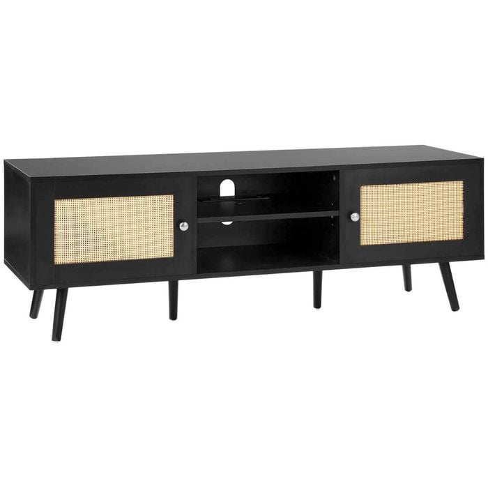 P&P Black Rattan TV Stand 65 Inch Entertainment Unit with Power Outlet Storage