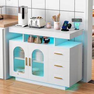 Ufurniture LED Buffet Sideboard Cabinet With Charging Station White