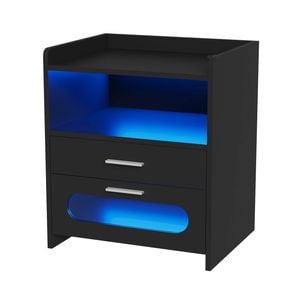 Ufurniture Bedside Table LED Nightstand 2 Drawers with Wireless Charging Station and USB Port Black