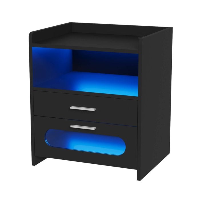 Ufurniture Bedside Table LED Nightstand 2 Drawers with Wireless Charging Station and USB Port Black