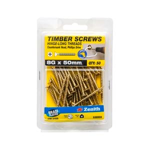 Zenith 8G x 50mm Brass Plated Hinge-Long Thread Countersunk Head Timber Screws - 50 Pack