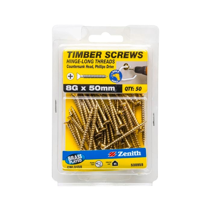 Zenith 8G x 50mm Brass Plated Hinge-Long Thread Countersunk Head Timber Screws - 50 Pack