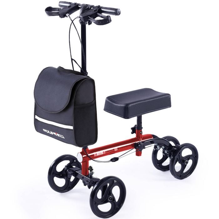 EQUIPMED Knee Scooter Walker Dual Brakes - Bag - Broken Leg Ankle Foot Mobility - Crutches Alternative - Red