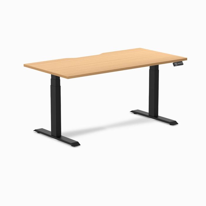 Desky Dual Select Beech Scalloped Melamine Sit Stand Desk 1500x750mm Matte Black Frame Leg