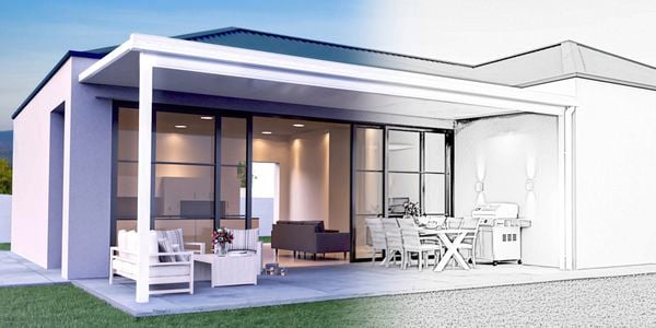 Image of a patio and back yard which goes from drawn to reality