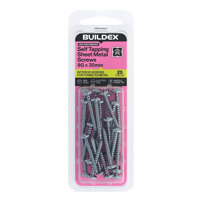 Buildex 8G x 30mm Zinc Plated Self Tapping Sheet Metal Screws - 25 Pack