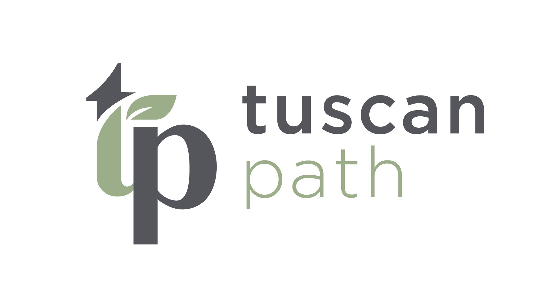 Tuscan path logo in square shape with gray and green colourway used