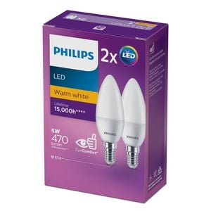 Philips P45 E14 LED 470Lm Warm White 5W Candle - 2 Pack