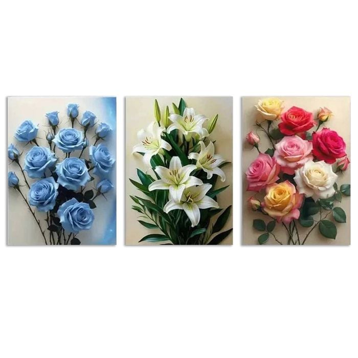 3pcs Blue Roses White Lily & Colorful Roses Print 100% Australian Made 3 x 40x60cm (Metal Print)