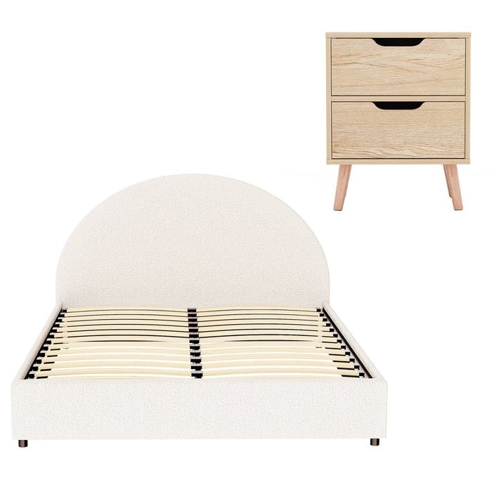 Artiss Gas Lift Queen Bed Frame with Bedside Table Set Boucle Fabric