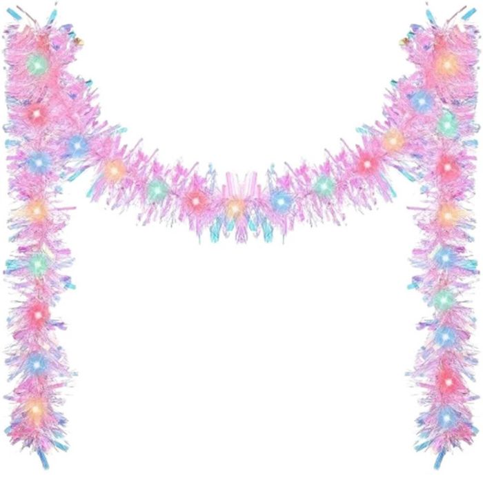 P&P Purple Christmas Tinsel Garland 5m Long Battery Operated LED Lights Decor