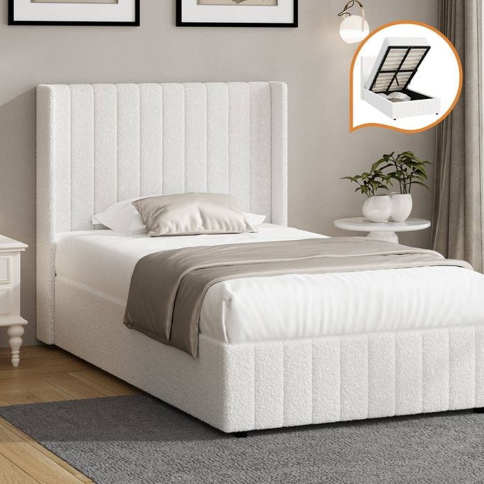 Oikiture Bed Frame Gas Lift Base King Single Boucle Fabric