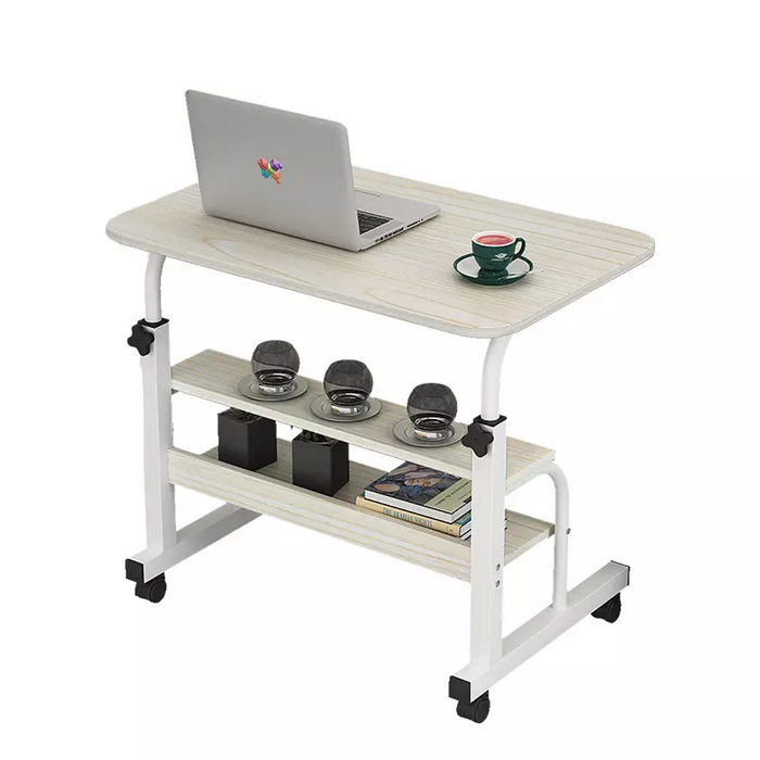 Provecta Adjustable Mobile Desk – Light Wood Finish with Wheels & Storage Shelves, 69-90cm