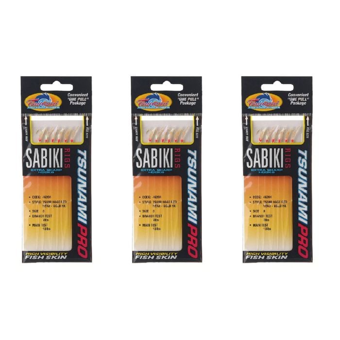 3x Tsunami 6 Gold Hook Sabiki Rig - TS68R Hage Red Head Flash and Beads Size 6