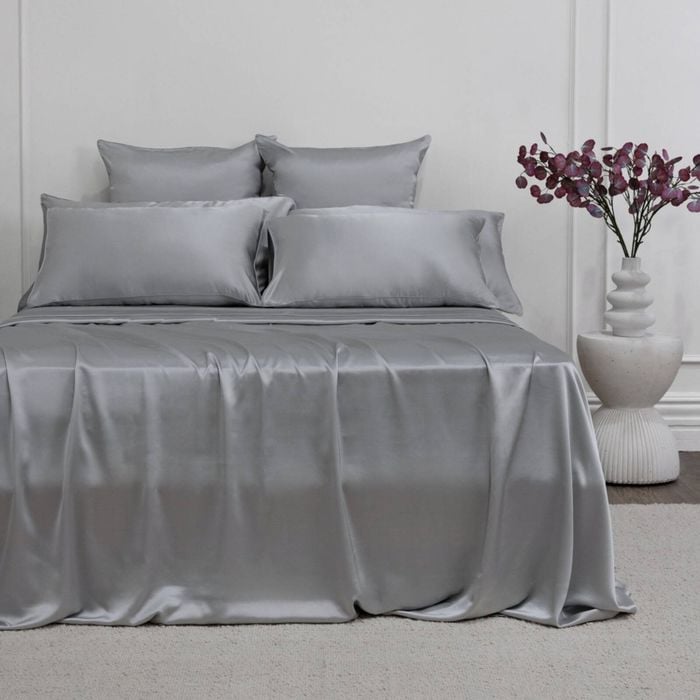 Bedding Co. Sheet Set 100% Mulberry Silk 22 Momme Silver Grey King Single