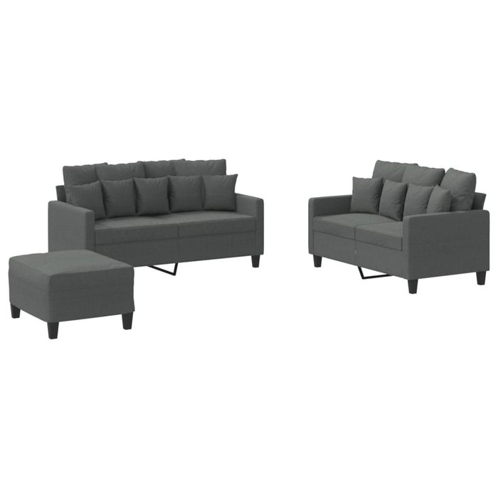 vidaXL Sofa Set with Pillows 2-Seater Sofa Couch 3 Piece Dark Grey Fabric