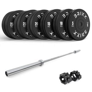 Brixx 200kg Pro Black Olympic Bumper Plates + 20kg Barbell