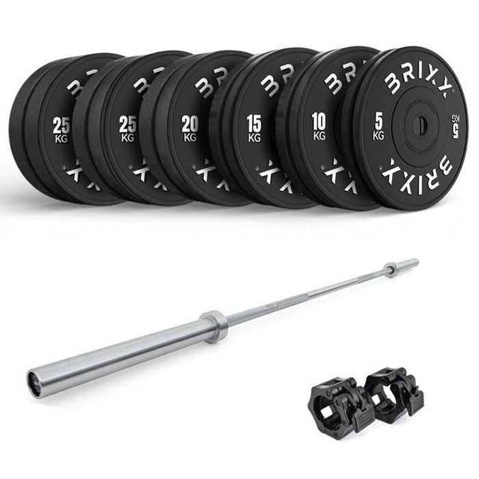Brixx 200kg Pro Black Olympic Bumper Plates + 20kg Barbell