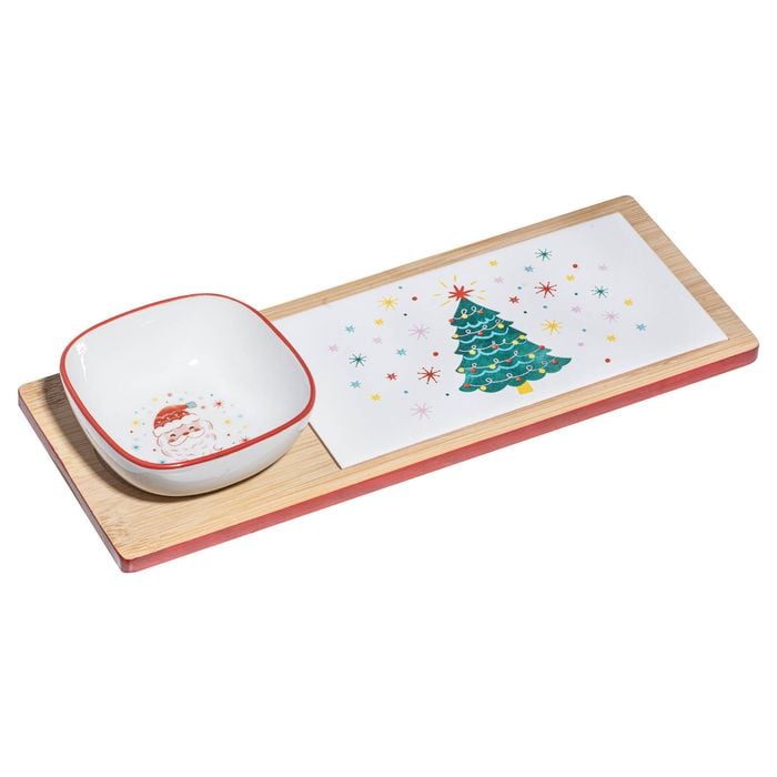 2pc Ladelle Candy Bamboo Board & Porcelain Bowl Festive Serving/Entertaining Set
