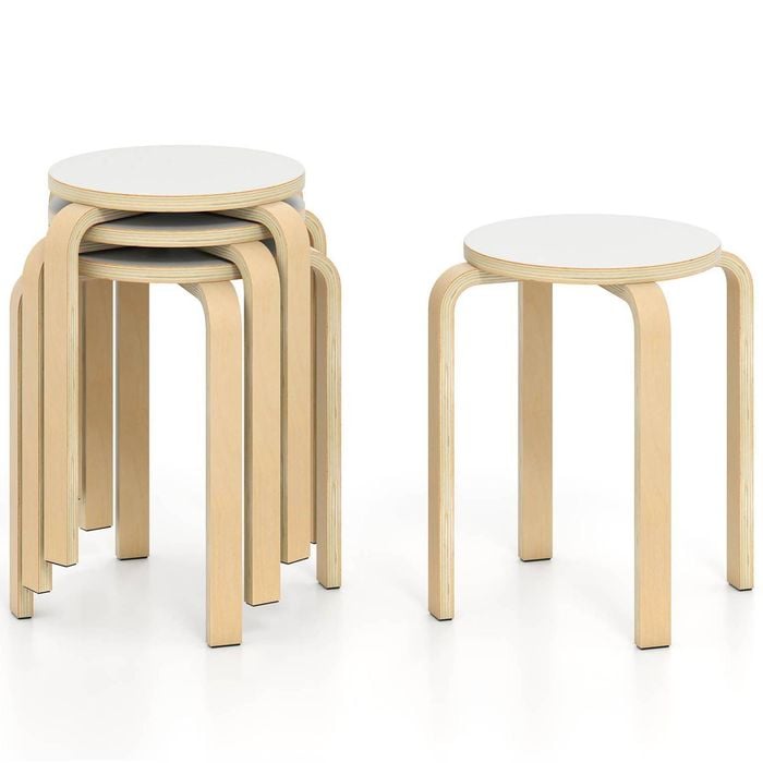 Costway 4pcs Stacking Stool Round Dining Chair Birch Wood White