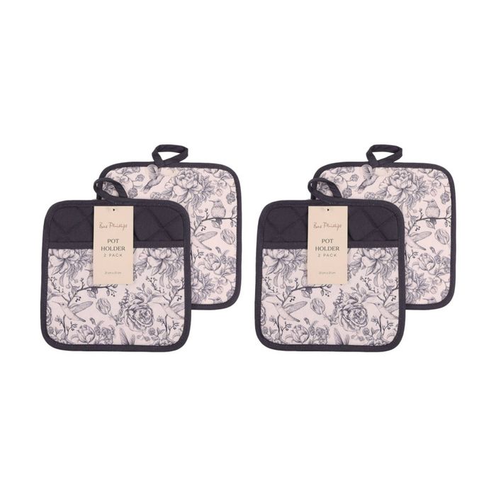2x 2pc Bas Phillips Printed Linen Looks Pot Holder Set Blue Birds