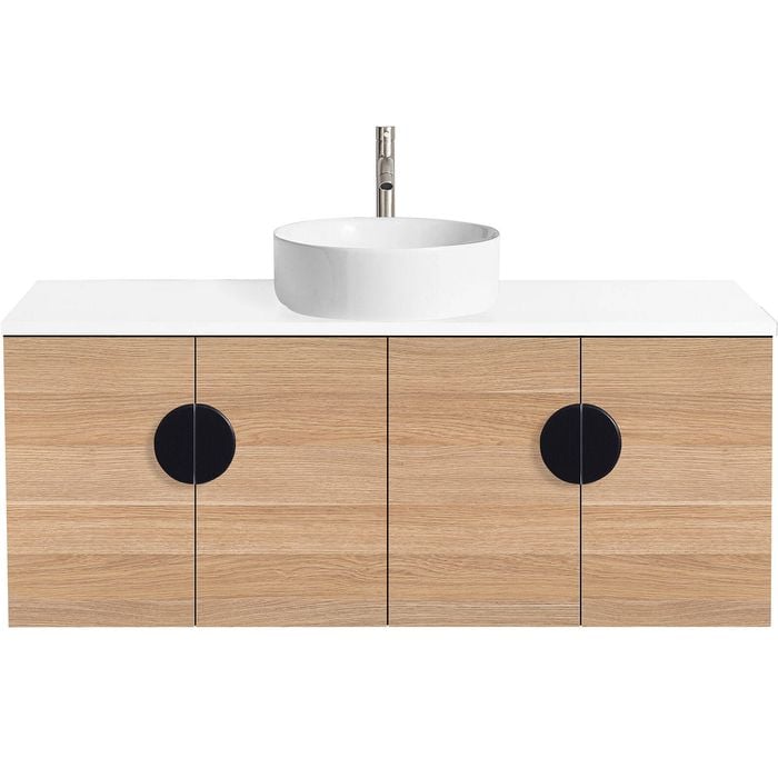 CIBO 1200mm Oak Mornington Wall Hung Vanity with White Basin and Black Handles