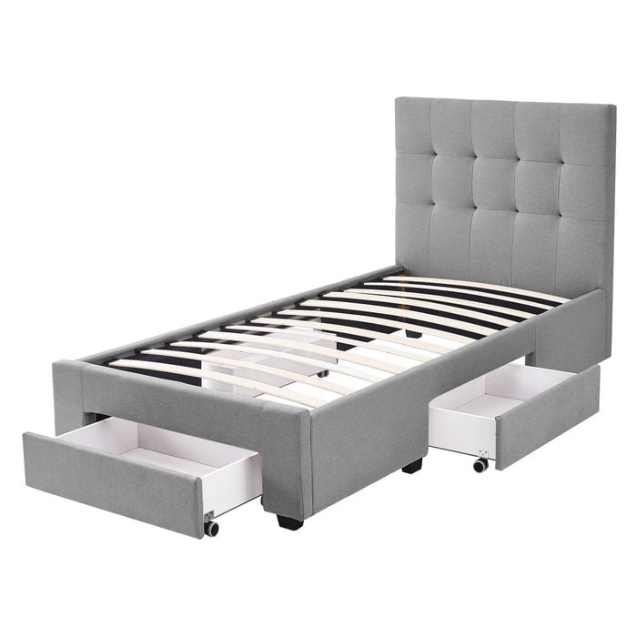 Levede Single Fabric Bed Frame Tufted 4 Drawers Storage Wooden Base Beige