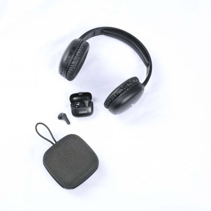 3pc Laser Wireless BT Audio Bundle Headphones Earbuds & Speaker Black