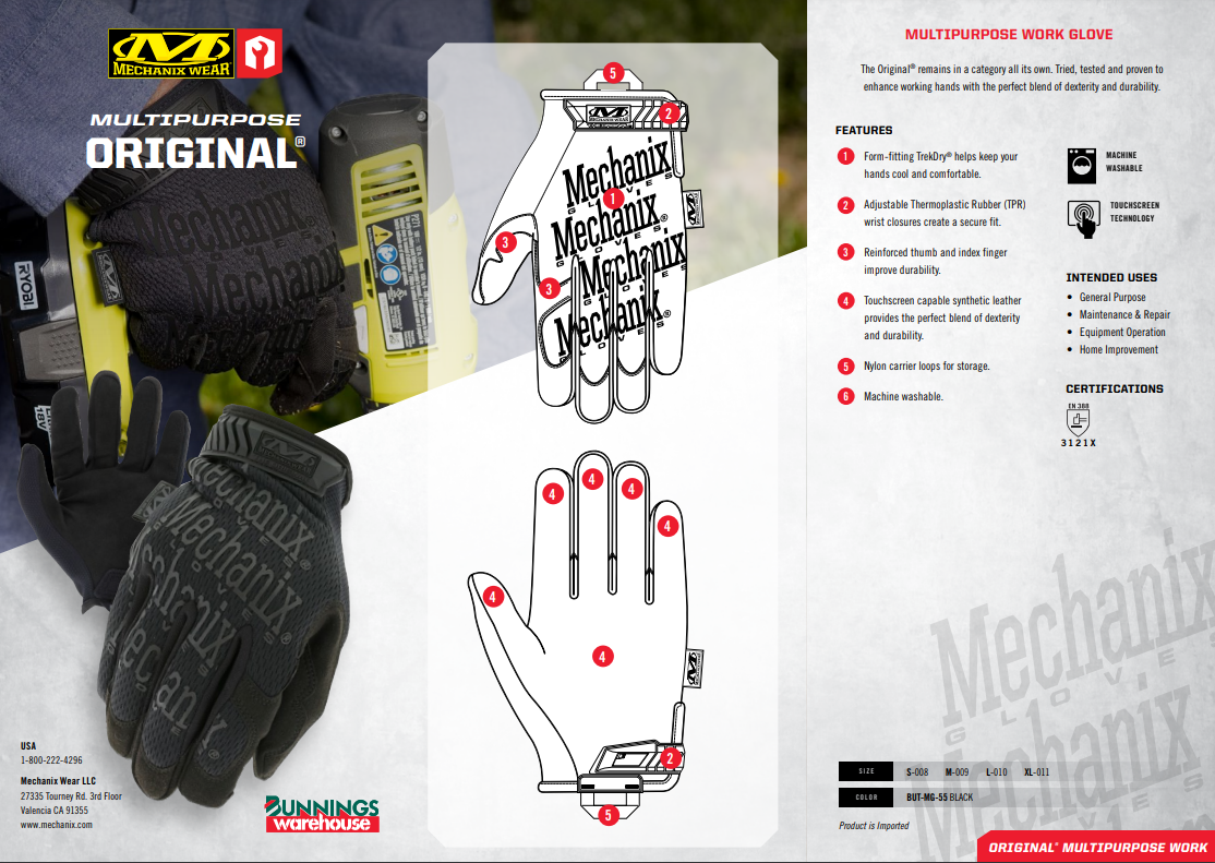 Mechanix Wear Large Original Multipurpose Work Glove Large Bunnings Australia