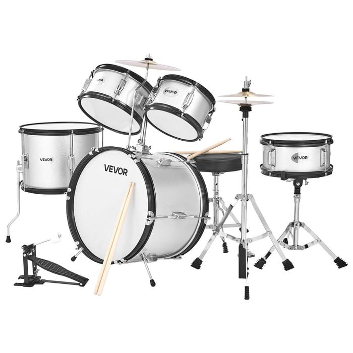 VEVOR 406.4mm 5-Piece Junior Drum Sets Silver with Adjustable Throne for Ages 6-13