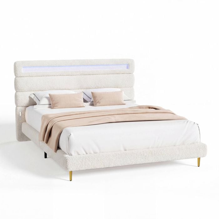 Advwin Double Size Bed Frame, Teddy Fleece Curved Shaped Upholstered Headboard Led Lights Dual Charging Ports White
